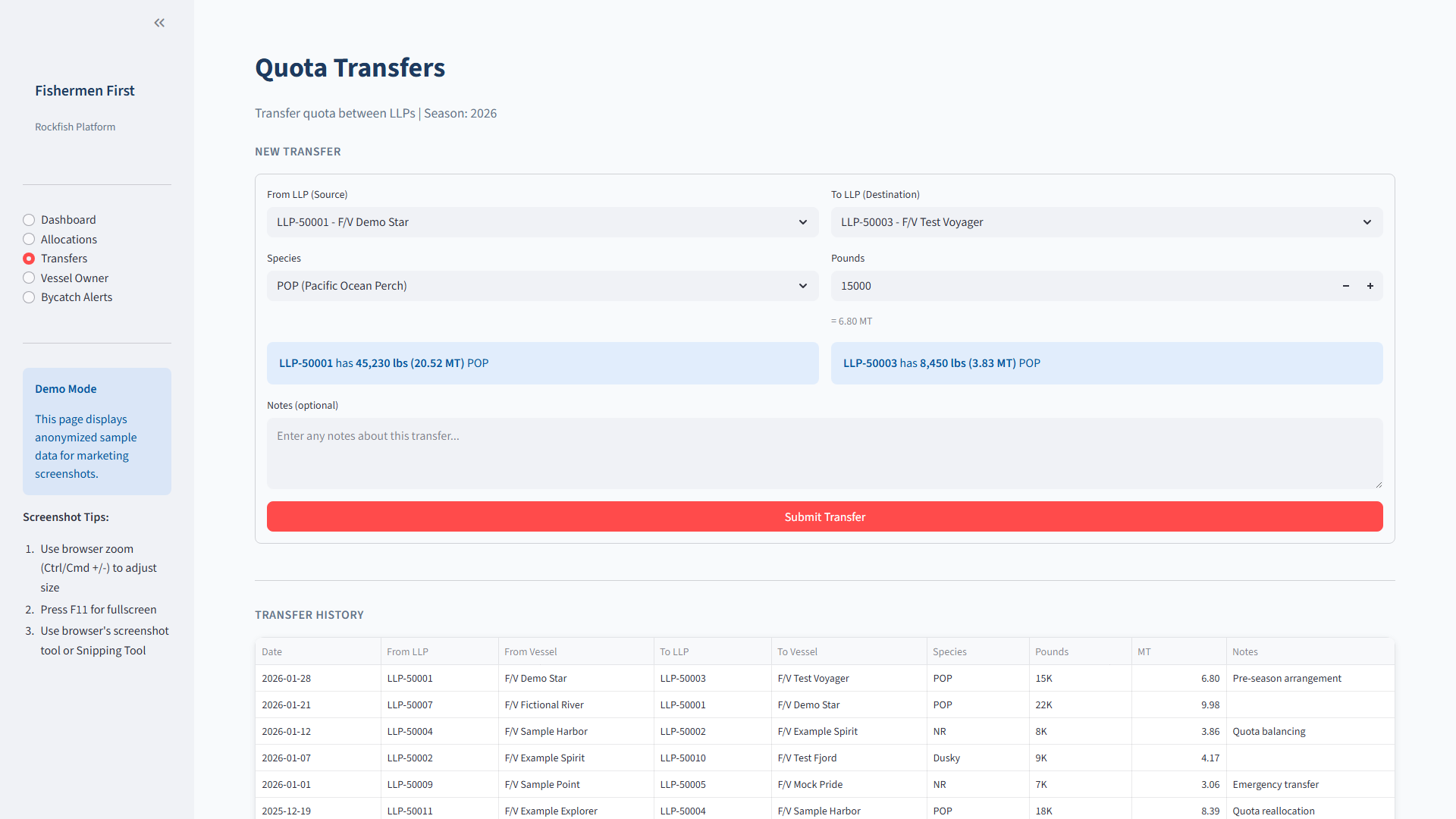 Quota transfers interface showing transfer form and history