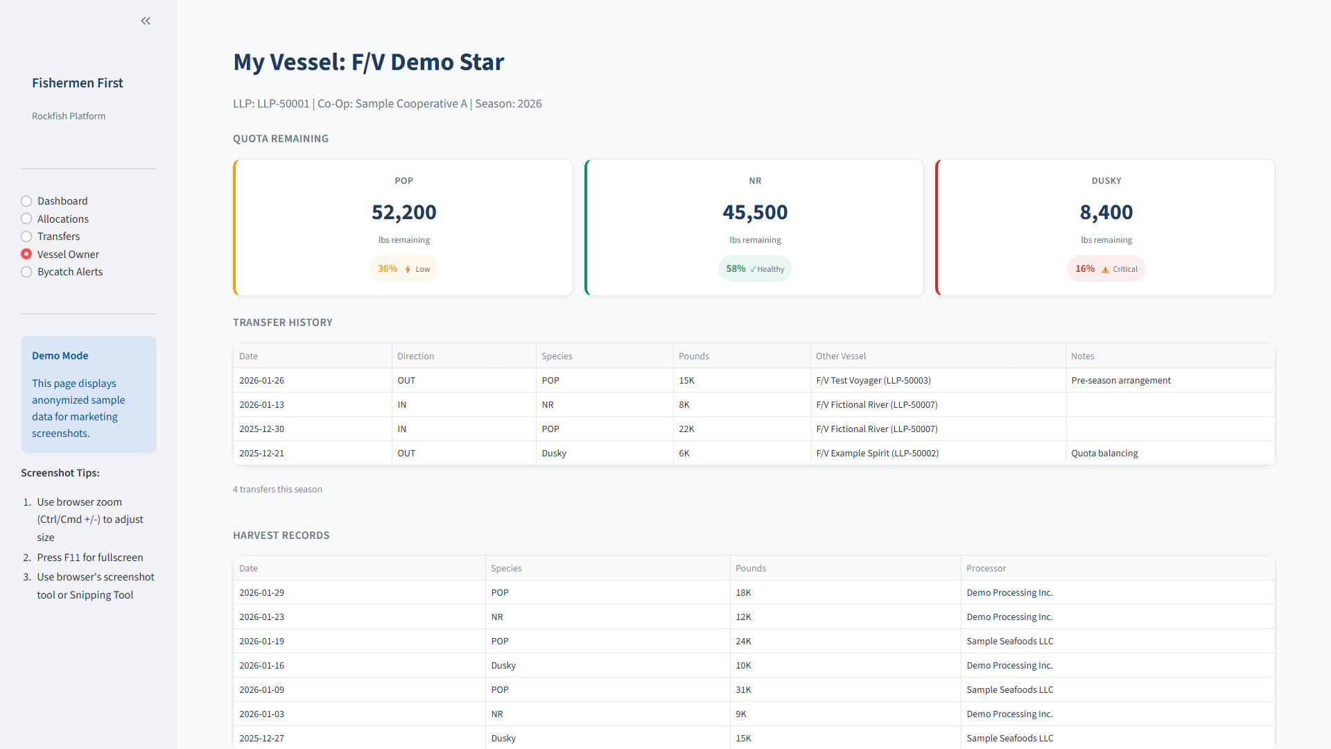 Vessel owner view showing quota remaining and transfer history